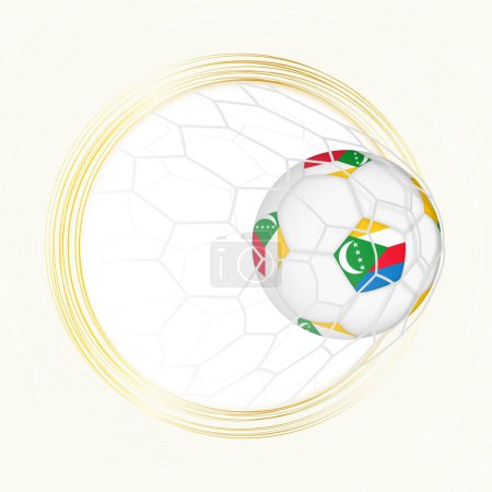 Emblema de fútbol con pelota de fútbol con bandera de Comoras en red, goleador para Comoras.