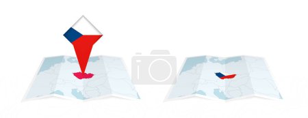 Zwei Versionen einer zusammengefalteten Landkarte der Tschechischen Republik, eine mit einer gehefteten Landesflagge und eine mit einer Flagge in der Kartenkontur. Vorlage für Print- und Online-Design.