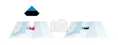 Dos versiones de un mapa plegado de Estonia, una con una bandera de país fijada y otra con una bandera en el contorno del mapa. Plantilla para impresión y diseño en línea.