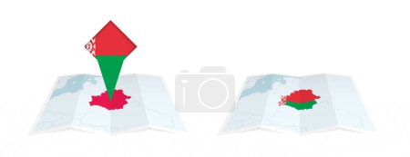 Zwei Versionen einer gefalteten Weißrusslandkarte, eine mit einer gehefteten Landesflagge und eine mit einer Flagge in der Kartenkontur. Vorlage für Print- und Online-Design.