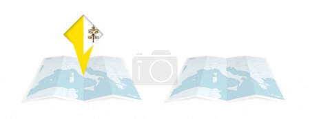 Zwei Versionen einer zusammengefalteten Karte der Vatikanstadt, eine mit einer gehefteten Landesflagge und eine mit einer Flagge in der Kartenkontur. Vorlage für Print- und Online-Design.