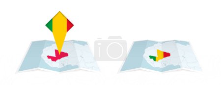 Téléchargez les illustrations : Deux versions d'une carte pliée du Mali, l'une avec un drapeau de pays épinglé et l'autre avec un drapeau dans le contour de la carte. Modèle pour la conception imprimée et en ligne. - en licence libre de droit