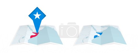 Two versions of an Somalia folded map, one with a pinned country flag and one with a flag in the map contour. Template for both print and online design.