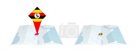 Téléchargez les illustrations : Deux versions d'une carte pliée de l'Ouganda, l'une avec un drapeau de pays épinglé et l'autre avec un drapeau dans le contour de la carte. Modèle pour la conception imprimée et en ligne. - en licence libre de droit