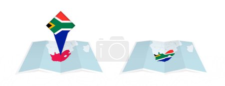 Zwei Versionen einer zusammengefalteten Südafrika-Karte, eine mit einer gehefteten Länderflagge und eine mit einer Flagge in der Kartenkontur. Vorlage für Print- und Online-Design.