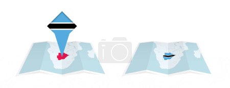 Téléchargez les illustrations : Deux versions d'une carte pliée du Botswana, l'une avec un drapeau de pays épinglé et l'autre avec un drapeau dans le contour de la carte. Modèle pour la conception imprimée et en ligne. - en licence libre de droit