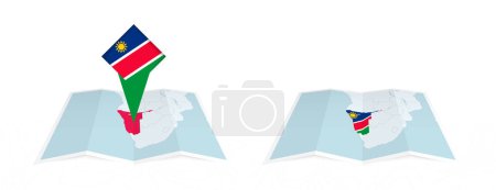 Deux versions d'une carte pliée de Namibie, l'une avec un drapeau de pays épinglé et l'autre avec un drapeau dans le contour de la carte. Modèle pour la conception imprimée et en ligne.