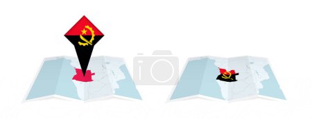 Deux versions d'une carte pliée angolaise, l'une avec un drapeau de pays épinglé et l'autre avec un drapeau dans le contour de la carte. Modèle pour la conception imprimée et en ligne.