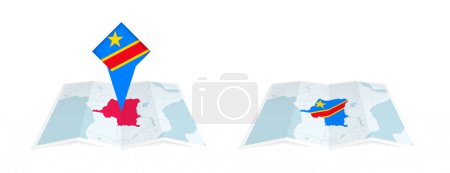 Dos versiones de un mapa plegado de la República Democrática del Congo, una con una bandera de país fijada y otra con una bandera en el contorno del mapa. Plantilla para impresión y diseño en línea.