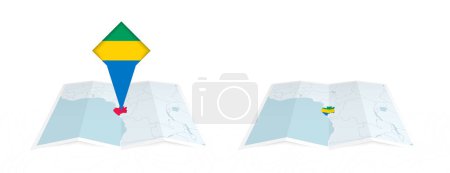 Ilustración de Dos versiones de un mapa doblado de Gabón, una con una bandera de país fijada y otra con una bandera en el contorno del mapa. Plantilla para impresión y diseño en línea. - Imagen libre de derechos