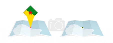 Zwei Versionen einer gefalteten Landkarte von Französisch-Guayana, eine mit einer gehefteten Landesflagge und eine mit einer Flagge in der Kartenkontur. Vorlage für Print- und Online-Design.