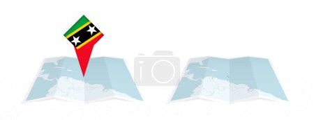 Zwei Versionen einer zusammengefalteten Karte von St. Kitts und Nevis, eine mit einer gehefteten Landesflagge und eine mit einer Flagge in der Kartenkontur. Vorlage für Print- und Online-Design.