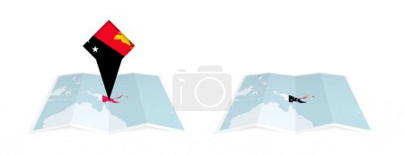 Two versions of an Papua New Guinea folded map, one with a pinned country flag and one with a flag in the map contour. Template for both print and online design.