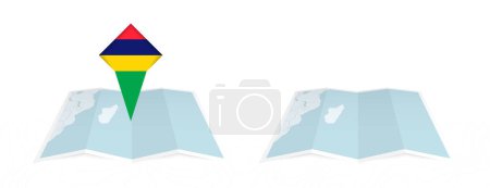Ilustración de Dos versiones de un mapa doblado de Mauricio, una con una bandera del país y otra con una bandera en el contorno del mapa. Plantilla para impresión y diseño en línea. - Imagen libre de derechos