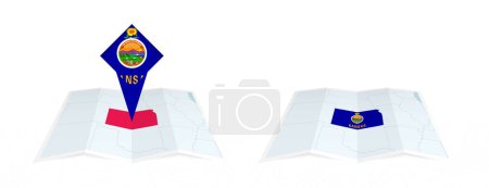 Two versions of an Kansas folded map, one with a pinned country flag and one with a flag in the map contour. Template for both print and online design.