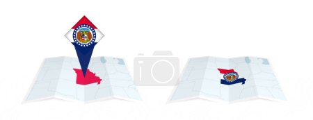 Zwei Versionen einer gefalteten Missouri-Karte, eine mit einer gehefteten Länderflagge und eine mit einer Flagge in der Kartenkontur. Vorlage für Print- und Online-Design.