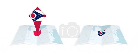 Dos versiones de un mapa doblado de Ohio, una con una bandera del país y otra con una bandera en el contorno del mapa. Plantilla para impresión y diseño en línea.