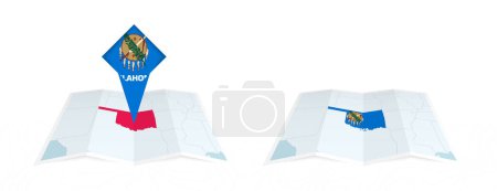 Two versions of an Oklahoma folded map, one with a pinned country flag and one with a flag in the map contour. Template for both print and online design.