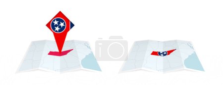 Two versions of an Tennessee folded map, one with a pinned country flag and one with a flag in the map contour. Template for both print and online design.