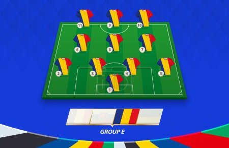 Football field with Romania team lineup for European competition.
