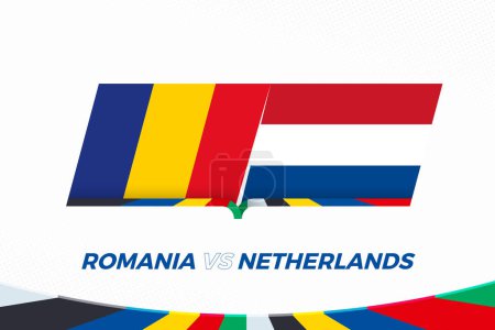 Rumänien gegen Niederlande im Fußball-Wettbewerb, Achtelfinale. Versus-Ikone auf Fußball-Hintergrund.