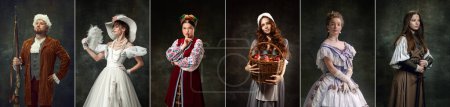 Photo for Set of images of actors and actress in image of medieval royalty persons from famous artworks in vintage clothes on dark background. Concept of comparison of eras, renaissance, baroque style. - Royalty Free Image