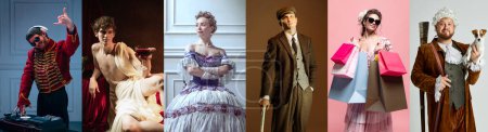 Photo for Set of images of actors and actress in image of medieval royalty persons from famous artworks in vintage clothes on dark background. Concept of comparison of eras, renaissance, baroque style. - Royalty Free Image
