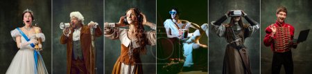 Téléchargez les photos : Collage avec des portraits d'acteurs et d'actrices à l'image de personnages royaux médiévaux de célèbres œuvres d'art en vêtements vintage sur fond sombre. Concept de comparaison des époques, renaissance - en image libre de droit