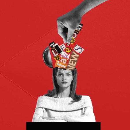 Photo for Creative design. Conceptual artwork. Human hand putting fakes, lie into beautiful womans head. Manipulation of society. Concept of creativity, mass media influence, information, news, politics, lie - Royalty Free Image