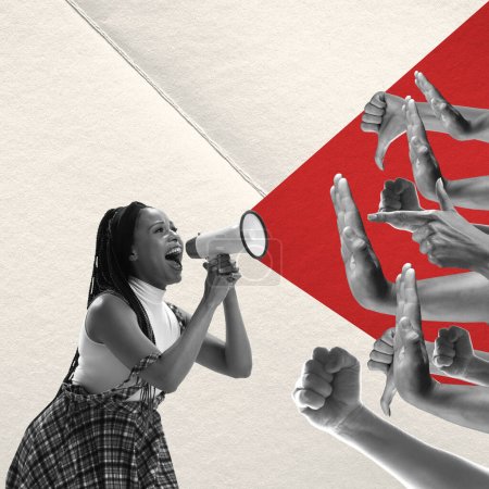 Photo for Creative design. Conceptual image. Emotive woman shouting in megaphone in front of human hands showing gesture of dislike. Concept of politics, social issues, human rights, propaganda, voting system - Royalty Free Image