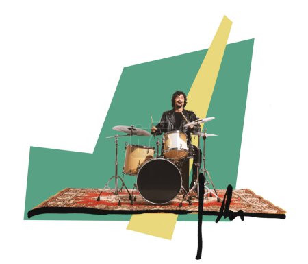 Foto de Arte creativo moderno, diseño. collage de arte contemporáneo de hombre joven tocando tambores aislados sobre fondo colorido. Concepto de estilo de vida musical, jazz, rock, rock-n-roll, creatividad, imaginación, anuncio - Imagen libre de derechos