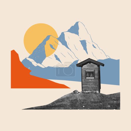 Photo for Contemporary art collage. Creative design in retro style. Little house in mountain for border guard. Concept of creativity, surrealism, imagination, futuristic landscape. Poster - Royalty Free Image
