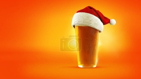 Photo for Christmas vibes. Full glass of frothy light lager beer wearing Santa Claus hat isolated over gradient orange background in neon light. Concept of drinks, holidays and festivals. Copy space for ad. - Royalty Free Image