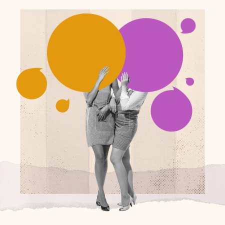Photo for Girlfriends. Contemporary art collage. Two women with color speech bubble, copy space instead heads over abstract background. Concept of vintage retro style, surrealism, imagination, inspiration, ad. - Royalty Free Image