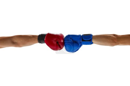 Photo for Two male hands in red and blue boxing gloves hit together isolated over white background. Copy space for ad, text. Sport, competition, challenges and combat sports - Royalty Free Image