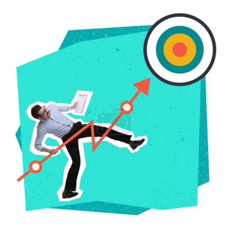Contemporary art collage. Creative design. Businessman holding graph arrow and pointing on target. Working on profitable strategy. Concept of business, career development, success, growth
