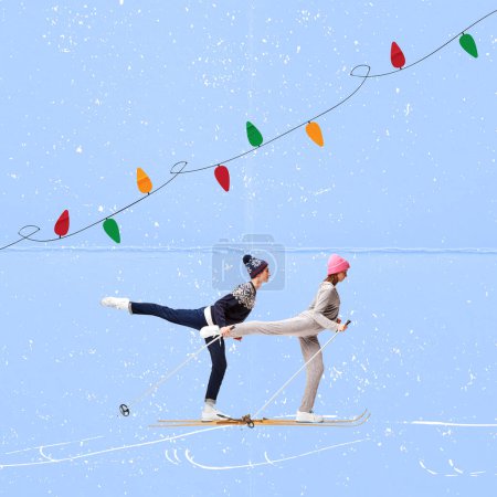 Collage zeitgenössischer Kunst. Junges Paar, Mann und Frau beim gemeinsamen Skifahren vor blauem Hintergrund. Ferienspaß. Konzept von Ballett, Weihnachten, Neujahr, Feiertag, Feier, Winter. Kopierraum für Werbung
