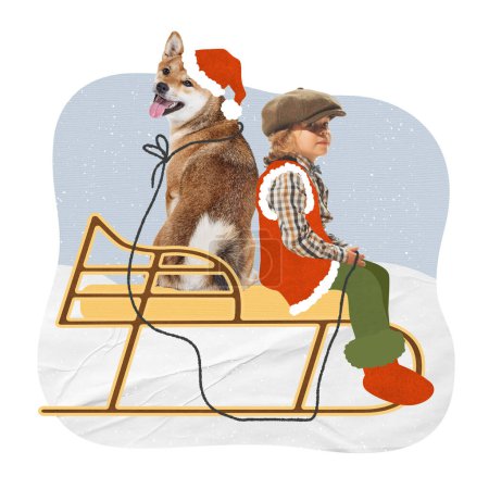 Photo for Contemporary art collage. Creative design with little boy, kid sitting on sleds with dog. Having fun on vacation. Concept of friednship, winter holidays, Christmas, New Year, creative. Postcard design - Royalty Free Image