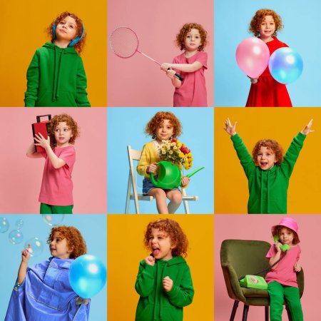 Photo for Collage. Portraits of cute little girl, child in different clothes posing isolated over multicolored background. Fun. Concept of childhood, emotions, lifestyle, fashion, happiness. Copy space for ad - Royalty Free Image