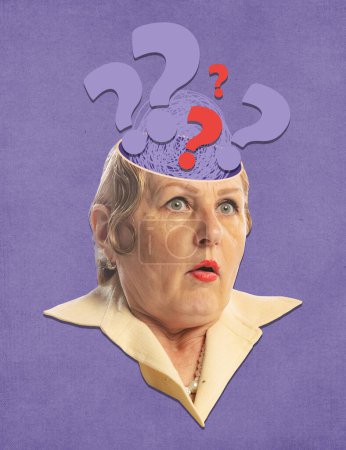 Photo for Contemporary art collage. Creative design. Question marks appearing from senior woman head meaning lack of information. Concept of surrealism, creativity, imagination, thoughts, social issue - Royalty Free Image