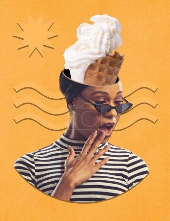 Photo for Contemporary art collage. Creative design. Young stylish woman having melting ice cream inside head symbolizing heating season. Hot summer. Concept of surrealism, creativity, imagination, thoughts - Royalty Free Image