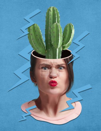 Photo for Contemporary art collage. Creative design. Young woman expressing anger and irritations with cactus inside head. Concept of surrealism, creativity, imagination, thoughts, facial expression - Royalty Free Image