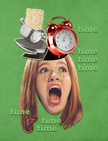 Photo for Contemporary art collage. Creative design. Young woman having many domestic duties to be done. Lack of time. Concept of surrealism, creativity, imagination, thoughts, lifestyle - Royalty Free Image