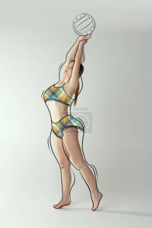Photo for Beach volleyball. Young attractive woman in drawn inner wear isolated over gray background. Drawings of sports equipment and overweight lines around body. Concept of healthy eating, dieting, fitness - Royalty Free Image