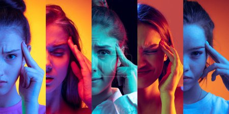 Photo for Pain, problems. Cropped portraits of young women having headache isolated over multicolored background in neon light. Collage made of 5 models looking at camera. Look annoyed, sad - Royalty Free Image