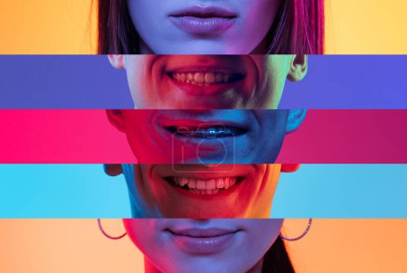 Photo for Collage of close-up male and female mouths and chins isolated on colored neon backgorund. Multicolored stripes. Emotions, facial expressions, dental health. Smiling, sad, calm - Royalty Free Image