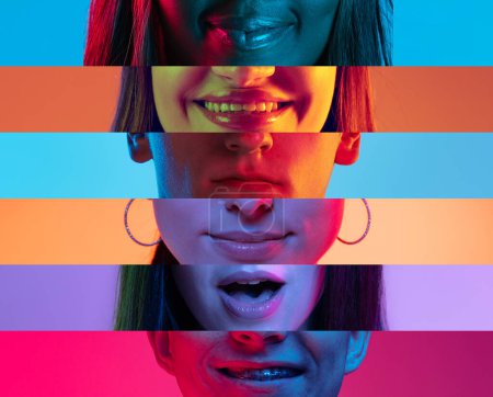 Collage of close-up male and female mouths and chins isolated on colored neon backgorund (en inglés). Rayas multicolores. Emociones, expresiones faciales, salud dental. Sonriente, triste, tranquilo