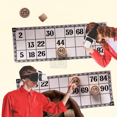 Téléchargez les photos : Collage d'art contemporain. Design créatif. Homme et femme jouant au loto en ligne, bingo en lunettes VR. Jeu de compétition. Concept de jeu, passe-temps, temps libre, stratégie de jeu intellectuelle, créativité - en image libre de droit