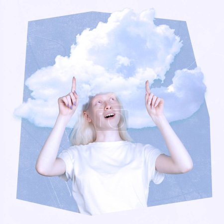 Foto de Collage de arte contemporáneo. Diseño creativo. Joven chica albina con cabeza en las nubes. Volar de pensamientos. Concepto de mundo interior, sueños, sentimientos, surrealismo, pensar. Arte abstracto. Póster, anuncio - Imagen libre de derechos