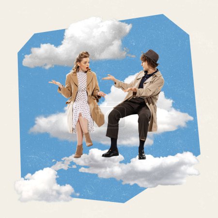 Photo for Contemporary art collage. Creative design. Young stylish couple, man and woman sitting on clouds and talking. Date. Concept of inner world, dreams, feelings, surrealism, think. Abstract art - Royalty Free Image
